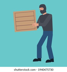 Simple flat design thief character with box vector graphics