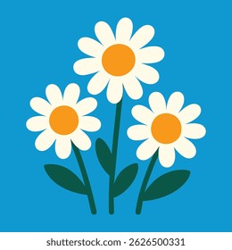Simple Flat Design of Three White Daisies with Yellow Centres on Bright Blue Background