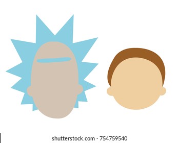 Simple flat design vector cartoon characters avatars of crazy scientist and young boy with short brown hair without faces