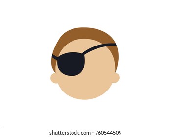 Simple flat design vector cartoon character avatar of evil young boy with short brown hair and black pirate eye patch without face
