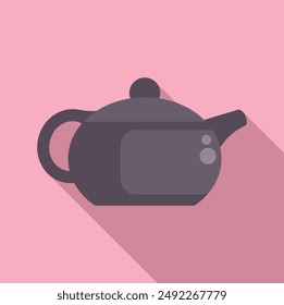 Simple, flat design vector illustration of a dark teapot with a shadow, on a soft pink backdrop