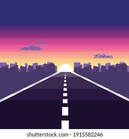 Simple flat design vintage retro pixel 8-bit game sunset road graphics background