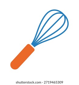 Einfaches flaches Design eines Whisks mit orangefarbenem Griff und blauen Drähten