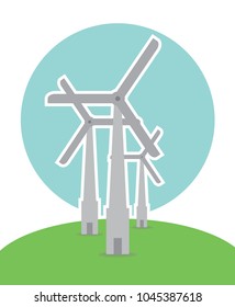 simple flat design of windmill in green hill on circle cloud backround 