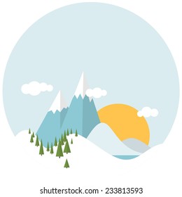 Simple Flat design winter snowy landscape with mountains and trees