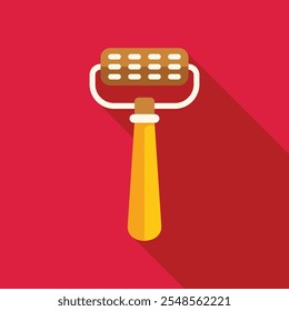 Simple flat design of a wooden roller massager with a long shadow on a red background