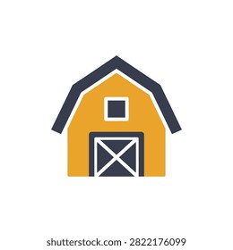 A simple flat design a yellow barn with dark roof and prominent cross-shaped door. Ideal for agricultural or rural themes.