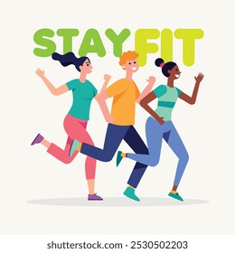 simple flat diverse happy people running runner run jogging workout fitness lifestyle with friend illustration.