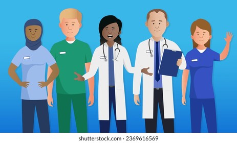 Simple flat diverse medical healthcare team vector characters. British NHS uniforms. Easy to edit flat modern trendy style.