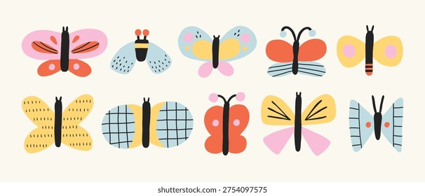 Simple flat doodle butterfly collection. Modern funny shapes, abstract trendy insects. Set of stylized butterflies, moths of delicate and bright colors of different shapes, patterns on white isolated.