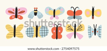 Simple flat doodle butterfly collection. Modern funny shapes, abstract trendy insects. Set of stylized butterflies, moths of delicate and bright colors of different shapes, patterns on white isolated.