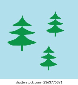 A simple flat drawing of a tree. Green fir trees on a blue background. Vector illustration, a template for a greeting card. Design of a postcard, logo, poster, children's book, wallpaper.