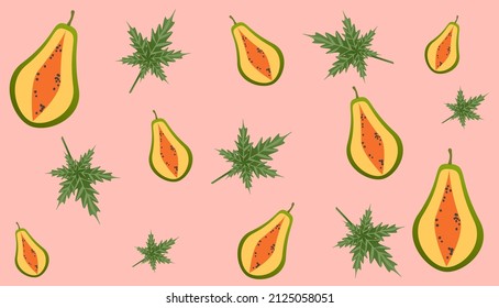 Frutos tropicales planos simples. Papaya en el vector de ilustración de fondo rosa.