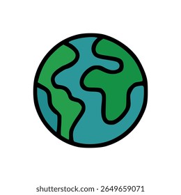 Simple flat earth globe icon with green continents and blue oceans symbolizing global environment and sustainability awareness