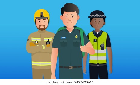 Simple flat emergency services first responders team vector characters. Diverse paramedic, police and firefighter. Characters doing different jobs in uniform. Easy to edit flat modern trendy style.