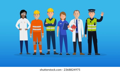 Simple flat emergency services team vector characters. Diverse health, police and construction workers. Characters doing different jobs in uniform. Easy to edit flat modern trendy style.