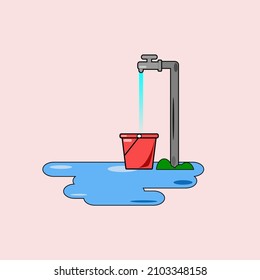 Simple flat faucet design with red bucket underneath. Isolated and colorful.