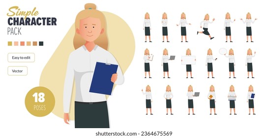 Simple flat female business woman vector character in a set of multiple poses. Easy to edit and isolated on a white background. Modern trendy style character mega pack with lots of poses. 