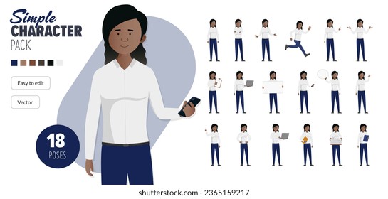 Sencilla mujer de negocios llana de carácter vector en un conjunto de poses múltiples. Fácil de editar y aislado en un fondo blanco. Mega pack de personajes de estilo moderno y moderno con muchas poses. 