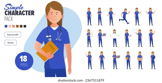 Simple flat female nurse woman vector character in a set of multiple poses. Easy to edit and isolated on a white background. Modern trendy style character mega pack with lots of poses. 
