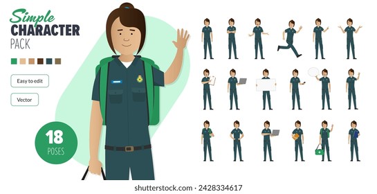 Simple flat female paramedic first responder vector character in a set of multiple poses. Easy to edit and isolated on a white background. Modern trendy style character mega pack with lots of poses.
