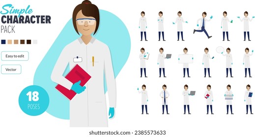 Simple flat female scientist woman vector character in a set of multiple poses. Easy to edit and isolated on a white background. Modern trendy style character mega pack with lots of poses.