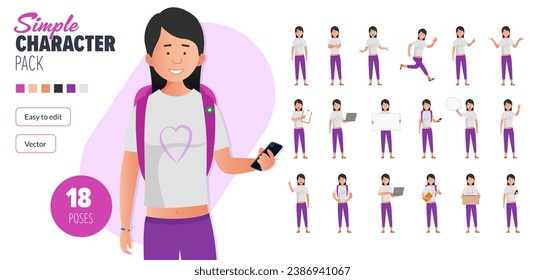 Simple flat female teenager student vector character in a set of multiple poses. Easy to edit and isolated on a white background. Modern trendy style character mega pack with lots of poses.