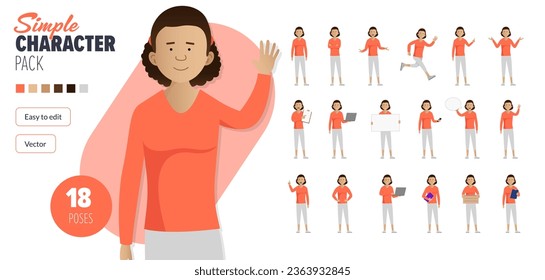 Sencillo personaje vectorial femenino plano en un conjunto de múltiples poses. Fácil de editar y aislado en un fondo blanco. Mega pack de personajes de estilo moderno y moderno con muchas poses. 