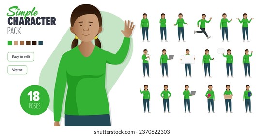 Sencillo personaje vectorial femenino plano en un conjunto de múltiples poses. Fácil de editar y aislado en un fondo blanco. Mega pack de personajes de estilo moderno y moderno con muchas poses. 