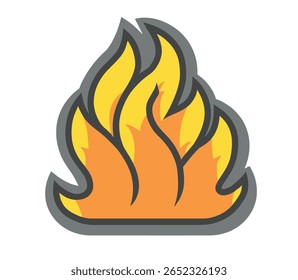 Simple flat fire icon with bold yellow and orange flames outlined in gray. Clean vector illustration ideal for apps, warnings, UI elements, infographics, safety signs, or graphic design projects.