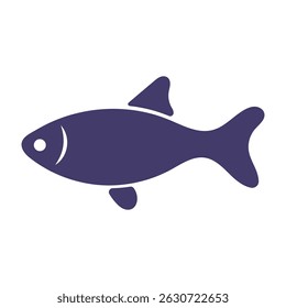 Simple Flat Fish Silhouette Vector Icon. This is a minimalist vector illustration of a fish silhouette in a solid dark purple color.
