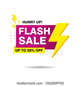 Banner plano simple de venta flash con color morado y amarillo aislado en el diseño de fondo blanco, venta flash con un vector de plantilla de elemento relámpago para publicidad, medios sociales, banner web