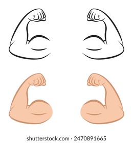 Ilustración vectorial simple de brazos musculares planos y flexionados. Icono fuerte del bíceps muscular, que simboliza la fuerza, el culturismo, la salud, la aptitud, y el concepto del entrenamiento