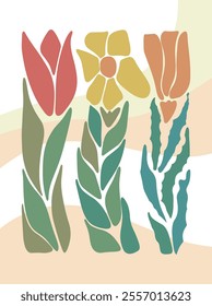 Simple and flat flowers in red, yellow and orange. Background with warm pastel colors and wavy shapes.