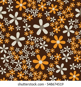 Simple flat flowers seamless pattern. Colorful blossom randomly placed on brown background. Abstract stylized florets wrapping floral texture. Vector eps8 illustration.