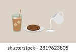 Simple flat food illustration showing iced coffee with a straw, chocolate chip cookie, and milk being poured from a jug.