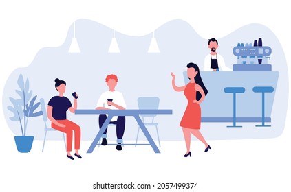 Simple flat friend meet in coffee bar design illustration