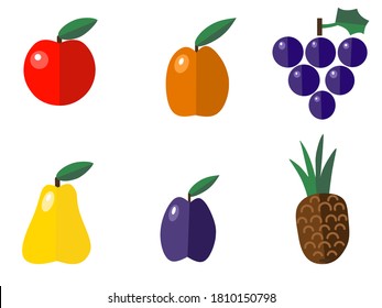 Simple Flat fruit illustration drawings. Apple, peach, plum, grape, pineapple, pear