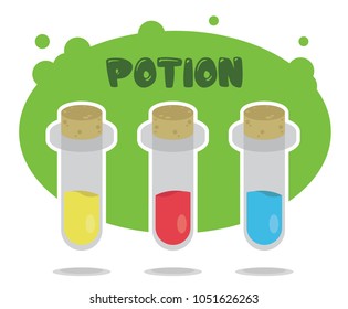 simple flat game icon design set of medium size bottle transparent potion liquid game asset, booster, power up. red for health, blue for mana or magic, yellow for skill stamina