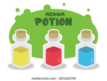 simple flat game icon design set of medium size bottle transparent potion liquid game asset, booster, power up. red for health, blue for mana or magic, yellow for skill stamina