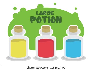 simple flat game icon design set of big large size bottle transparent potion liquid game asset, booster, power up. red for health, blue for mana or magic, yellow for skill stamina