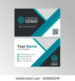 Simple flat geometric turquoise business card with qr code design, professional name card template vector