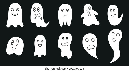 Simple flat ghost illustration. Halloween vector icons set. Cute cartoon characters. Big set of halloween ghosts logos. 