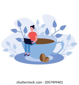 Sencilla chica plana sentada en una taza de diseño de café ilustración