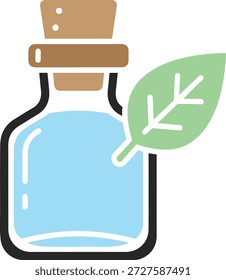 Simple plano de una botella de vidrio con corcho y una hoja verde