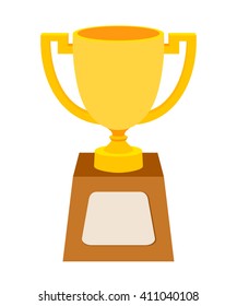 Simple flat gold cup winner with two handles on a pedestal. Vector cup isolate. Vector Icon prize winner of the competition.  Athletic pride. Stock vector