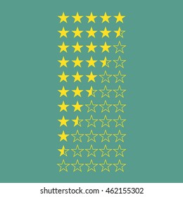 Simple flat gold star rating 5 to 0 stars (full and half stars). Average rating template bar. Vector illustration isolated on a background.
