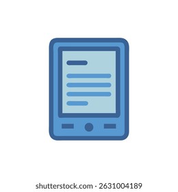 A simple flat graphic of a blue tablet displaying stylized text on a black backdrop.