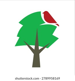 A simple flat graphic design featuring a red bird sitting on top of a green leafy tree with a brown trunk on a white background