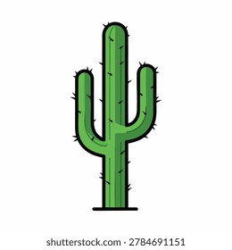 A simple flat graphic design of a green saguaro cactus with small thorns isolated on a white background